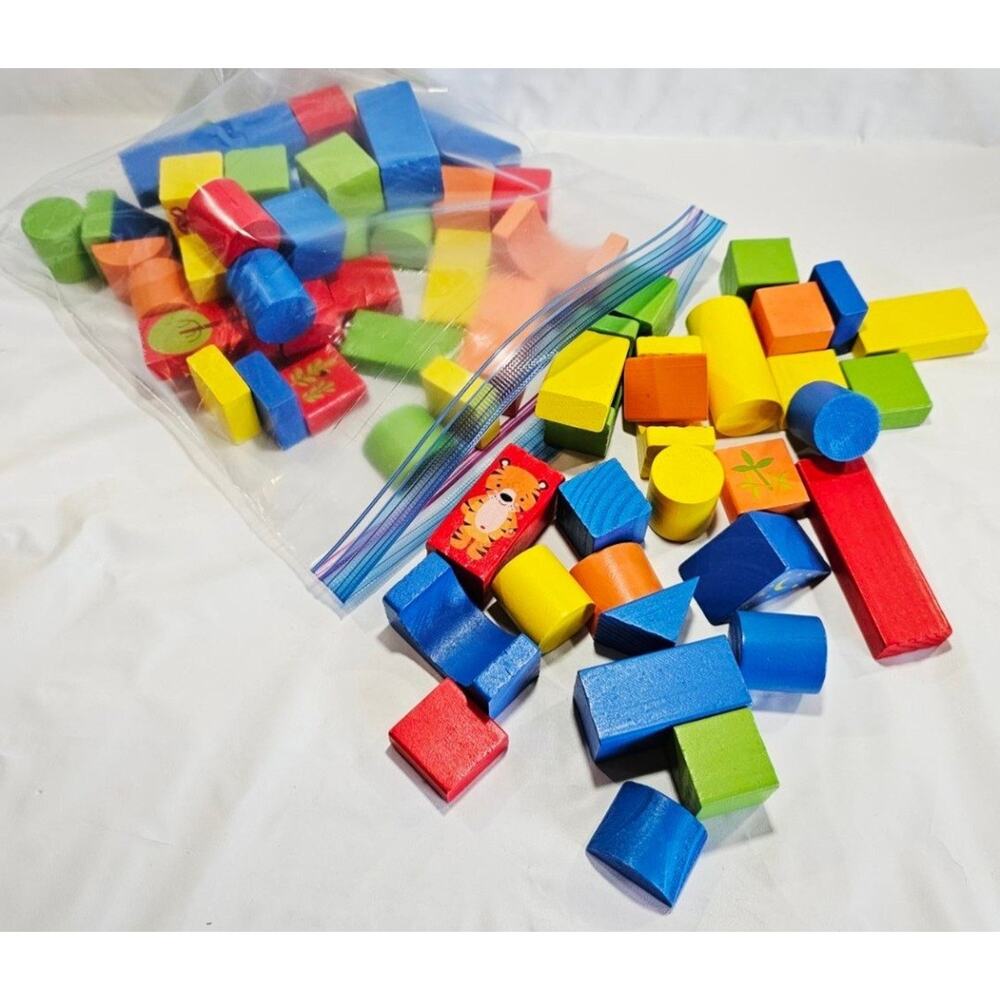 Vintage Wooden Blocks Lot Of 68 Colorful Geometric Shapes Wood Building Toy